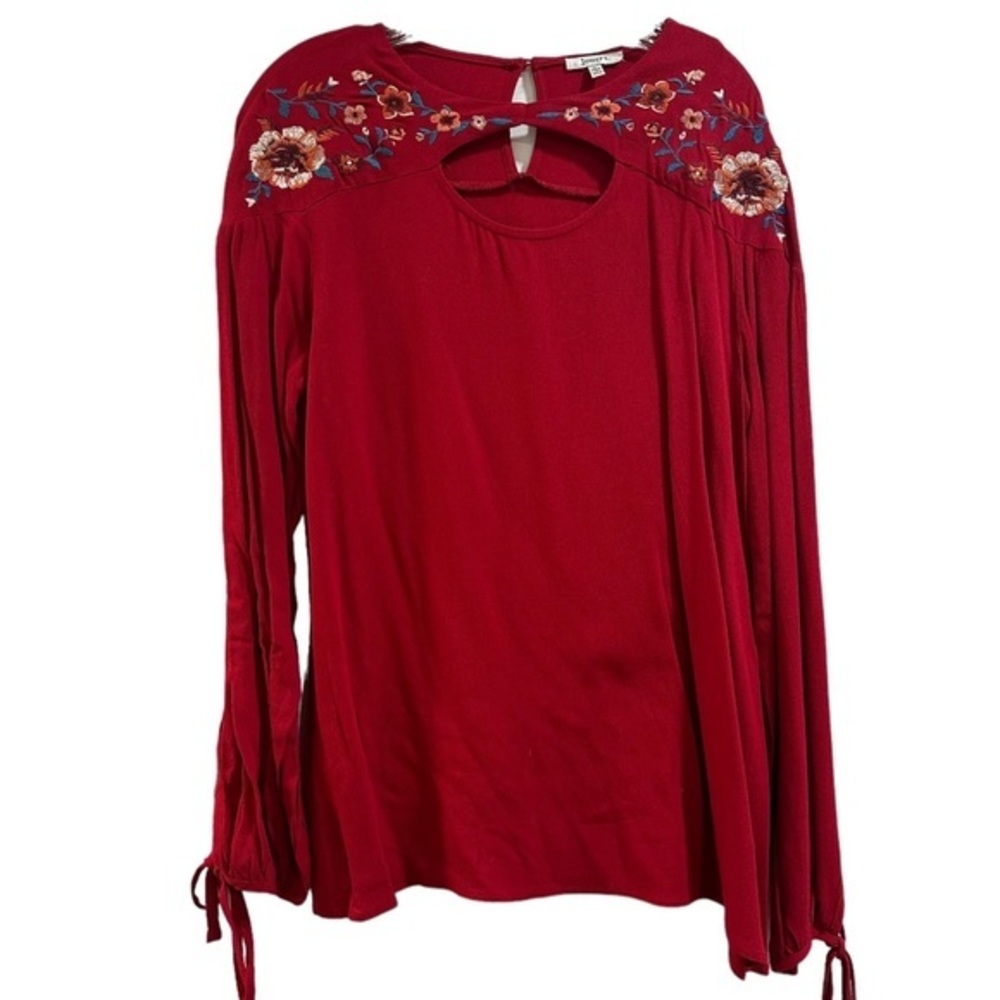 Women’s Long Sleeve Deep Red Blouse Floral Embroidered Boho Top Large